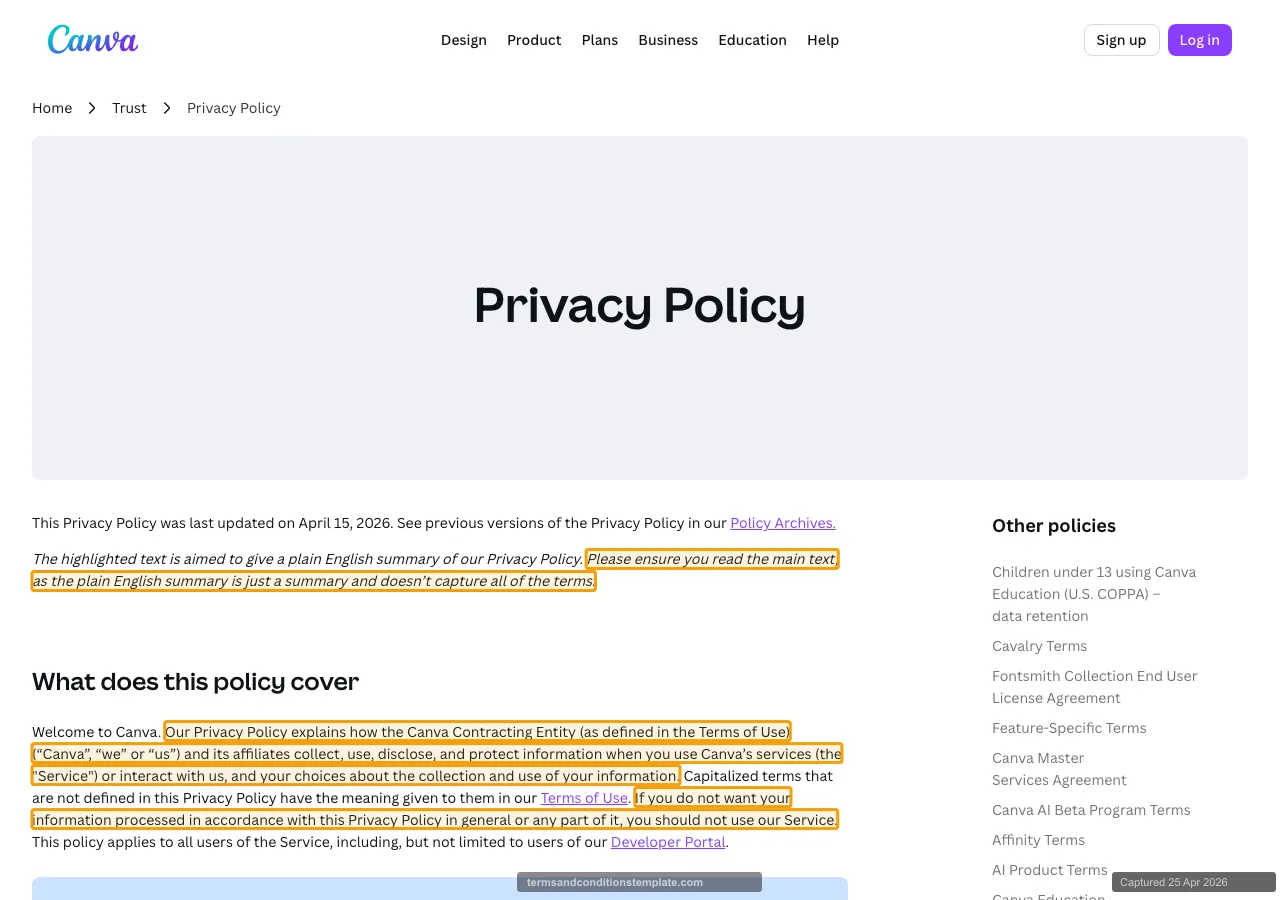 Canva Privacy Policy, AI features section