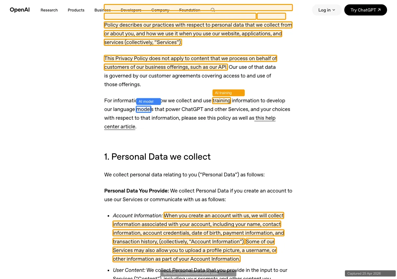 OpenAI Privacy Policy, AI training and model disclosures with highlighted text